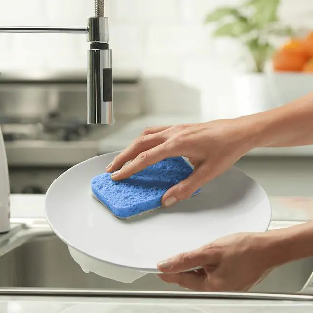 Alt view image 5 of 6 - Cellulose Scrub Sponges Plum Lime and Orange Print  3-Pack