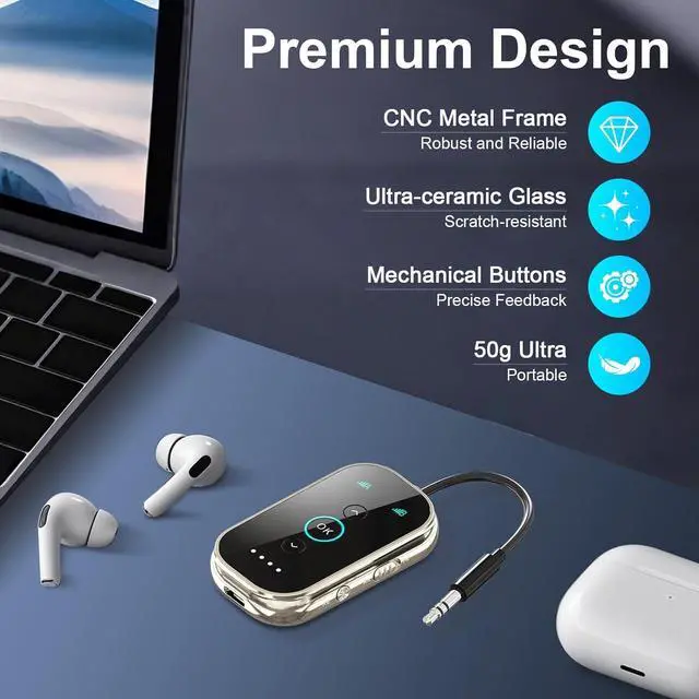 Alt view image 4 of 7 - Ultra Bluetooth 5.4 Transmitter Receiver - CNC Aluminum & Ceramic Glass | Dual Link for 2 AirPods/Headphones | aptX Adaptive/HD Audio | Wireless Transmitter for Airplane/TV/Car/Gym