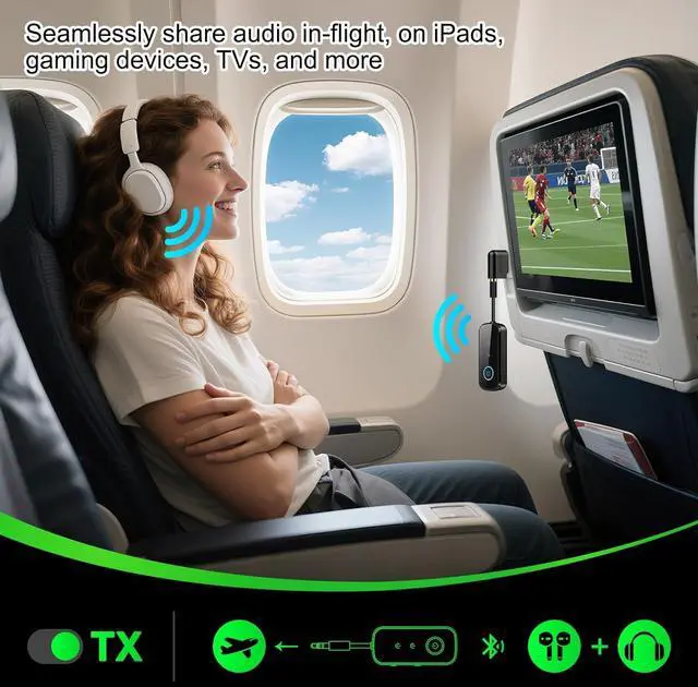 Alt view image 5 of 7 - Premium Pro Bluetooth 5.4 Transmitter Receiver Airplane Audio Adapter Wireless Transmitter for TV/Travel Flight Airline Gym.Supports to 2 AirPods/Headphones Bluetooth Receiver for Car/Home Stereo
