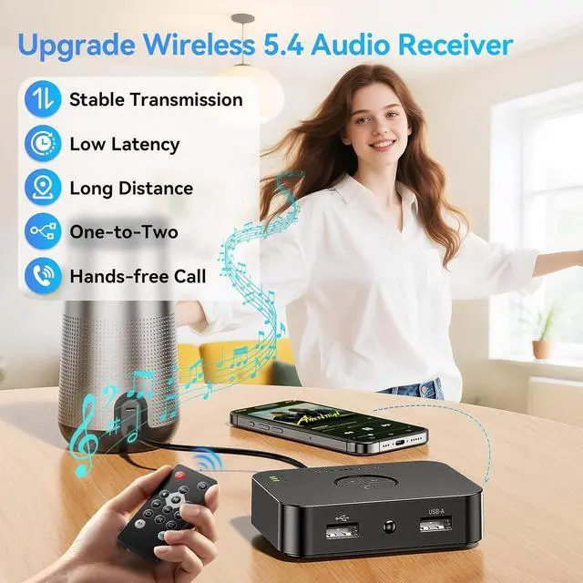 Alt view image 2 of 7 - M2R Bluetooth 5.4 Receiver for RCA Adapter for Stereo/Speaker/Wired Speaker/Home Audio Music Streaming Stereo System Support AUX/RCA/USB