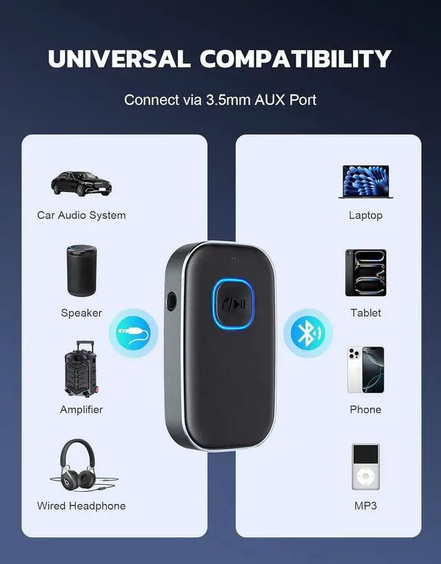 Alt view image 2 of 7 - Bluetooth Receiver for Car Noise Cancelling 3.5mm AUX Bluetooth Car Adapter Wireless Audio Receiver for Home Stereo/Wired Headphones Hands-Free Call 16H Battery Life - Dark Gray