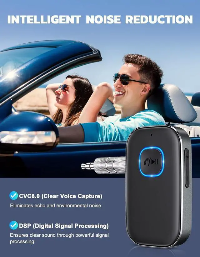 Alt view image 4 of 7 - Bluetooth Receiver for Car Noise Cancelling 3.5mm AUX Bluetooth Car Adapter Wireless Audio Receiver for Home Stereo/Wired Headphones Hands-Free Call 16H Battery Life - Dark Gray