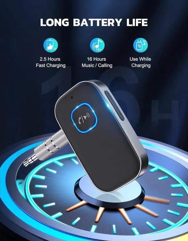 Alt view image 6 of 7 - Bluetooth Receiver for Car Noise Cancelling 3.5mm AUX Bluetooth Car Adapter Wireless Audio Receiver for Home Stereo/Wired Headphones Hands-Free Call 16H Battery Life - Dark Gray