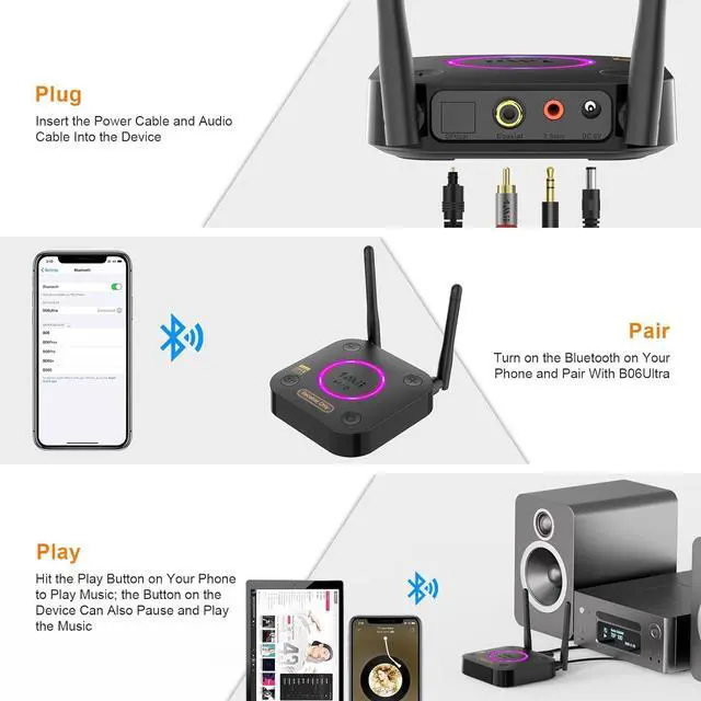Alt view image 6 of 7 - B06Ultra Bluetooth 5.2 Receiver with LDAC for Hi-Res Wireless Audio HiFi Bluetooth Audio Adapter w/Audiophile DAC 3D Surround aptX HD Low Latency Optical AUX 3.5mm Coaxial for Home Stereo