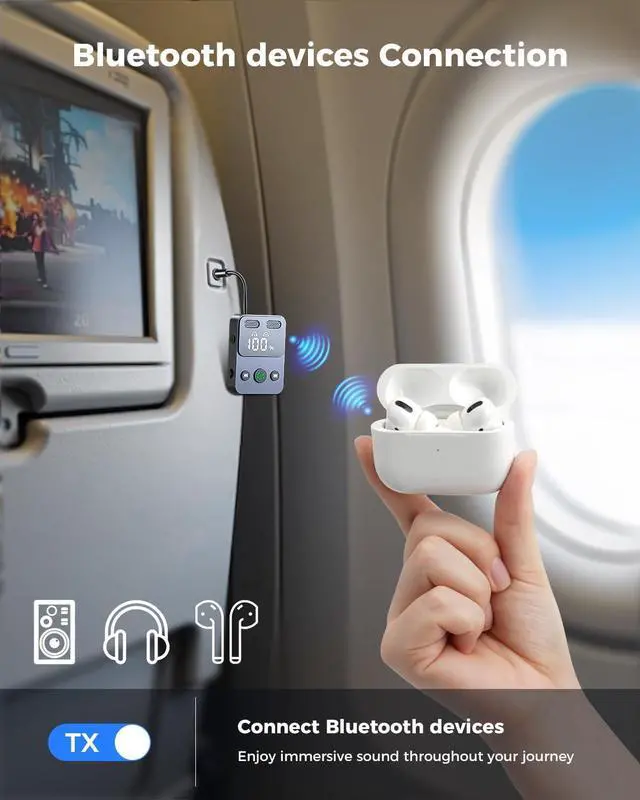Alt view image 2 of 7 - Airplane Bluetooth Transmitter Receiver for 2 AirPods or Headphones HD Display Low Latency Bluetooth Wireless Transmitter 3.5mm Aux Audio Jack Adapter for Airplane/TV/Car/Home Stereo