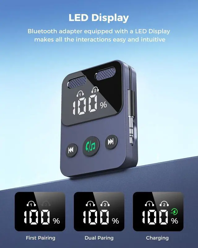 Alt view image 6 of 7 - Airplane Bluetooth Transmitter Receiver for 2 AirPods or Headphones HD Display Low Latency Bluetooth Wireless Transmitter 3.5mm Aux Audio Jack Adapter for Airplane/TV/Car/Home Stereo