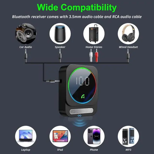 Alt view image 6 of 7 - Bluetooth 5.3 Receiver for Car Wireless Audio Adapter for Car/Home Stereo/Wired Headphones/Speaker Bluetooth Aux Adapter Dual AUX Outputs RCA AUX 3.5mm Music Receiver