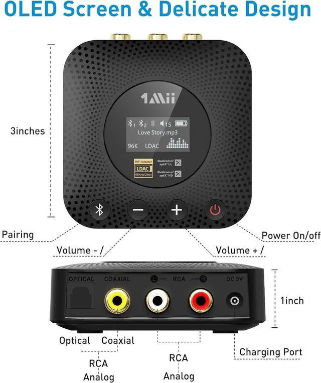 Alt view image 6 of 7 - B06HD+ Hi-Res Bluetooth 5.1 Music Receiver for Home Stereo w/LDAC Hi-Fi Bluetooth Adapter w/Audiophile DAC aptX HD Volume Control OLED Display Wireless Audio Adapter for AV Receiver/Amplifier
