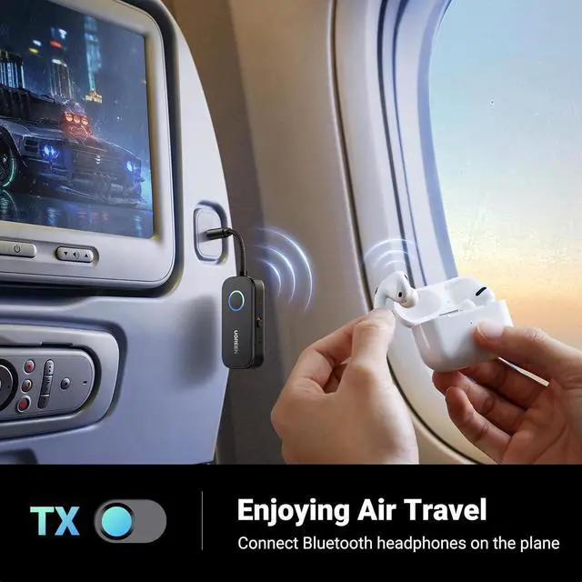 Alt view image 2 of 7 - Airplane Bluetooth 5.2 Transmitter Adapter for Airpods or Headphones Dual Pairs 2-in-1 Wireless Bluetooth 3.5mm Aux Audio Transmitter/Receiver for Flight TV Car Stereo Treadmill MP3 Player