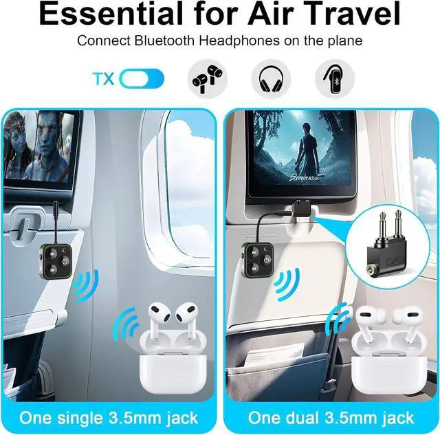 Alt view image 3 of 7 - 2025 Pro Bluetooth 5.4 Transmitter Receiver 2-in-1 Wireless Audio Adapter for Airplane/TV/PC/Gym - Dual Link Headphone Low Latency Battery Display Built-in Mic 30H Playtime Aviation Metal Frame