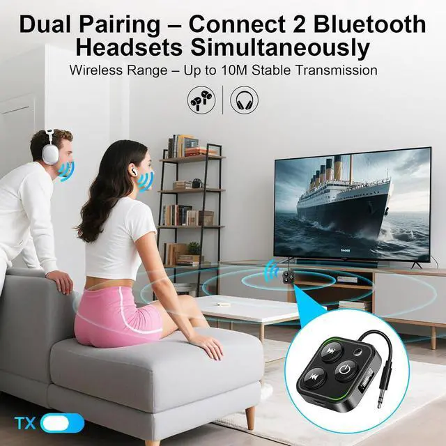 Alt view image 4 of 7 - 2025 Pro Bluetooth 5.4 Transmitter Receiver 2-in-1 Wireless Audio Adapter for Airplane/TV/PC/Gym - Dual Link Headphone Low Latency Battery Display Built-in Mic 30H Playtime Aviation Metal Frame