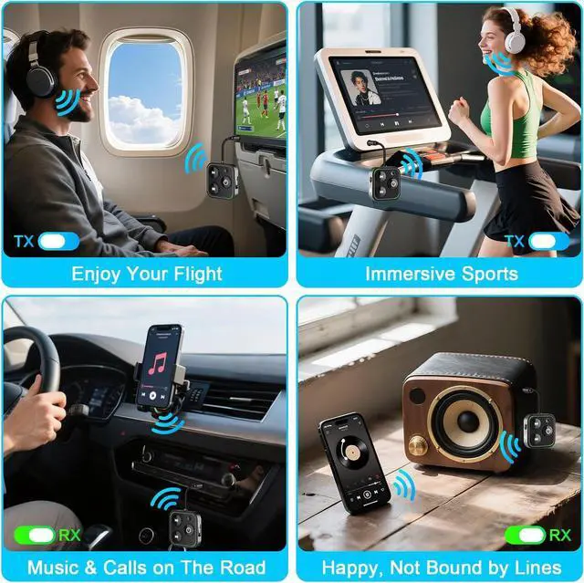 Alt view image 6 of 7 - 2025 Pro Bluetooth 5.4 Transmitter Receiver 2-in-1 Wireless Audio Adapter for Airplane/TV/PC/Gym - Dual Link Headphone Low Latency Battery Display Built-in Mic 30H Playtime Aviation Metal Frame