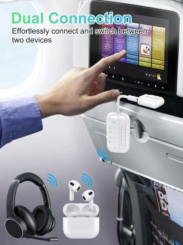 Alt view image 3 of 7 - 2025 Upgraded Pro Bluetooth 5.4 Transmitter Receiver 2-in-1 Airplane Wireless Adapter for Flight TV PC Gym Switch Supports to 2 AirPods/HeadphonesAudio AUX Receiver for Car/Home Stereo