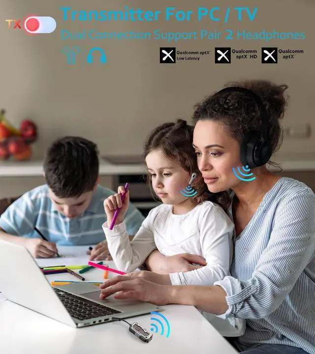 Alt view image 2 of 7 - Bluetooth Transmitter Receiver Audio Adapter Wireless AUX for 2 Headphones/iPhones Use 3.5mm Jack for Airplanes Car Radio TVs PCs amplifiers Home Stereos Audio Steaming Hands-Free Call