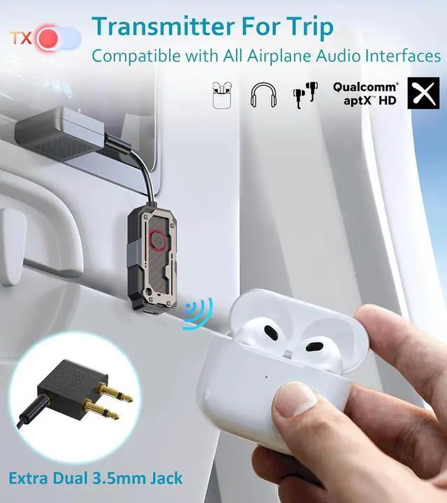 Alt view image 5 of 7 - Bluetooth Transmitter Receiver Audio Adapter Wireless AUX for 2 Headphones/iPhones Use 3.5mm Jack for Airplanes Car Radio TVs PCs amplifiers Home Stereos Audio Steaming Hands-Free Call