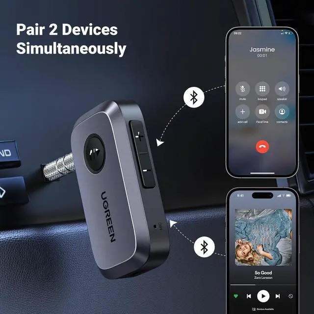 Alt view image 6 of 7 - 5.4 Aux Bluetooth Adapter Noise Cancelling 3.5mm AUX Bluetooth Car Adapter Wireless Audio Receiver for Home Stereo/Wired Speaker 15H Battery Life