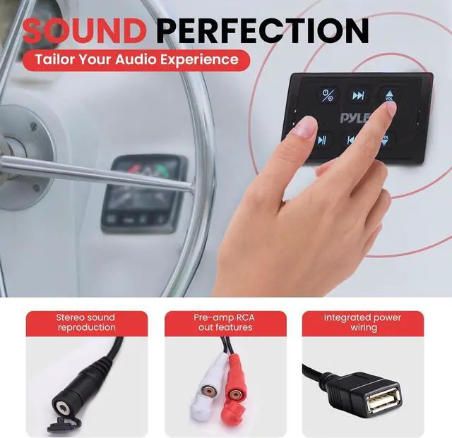 Alt view image 5 of 7 - Marine Bluetooth Receiver and Audio Controller Kit Wireless Bluetooth Adapter for Stereo with IPX6 Mic AUX/USB Input Audio Transmitter and Receiver for Boats UTVs and ATVs 3.8x2.2x1.9