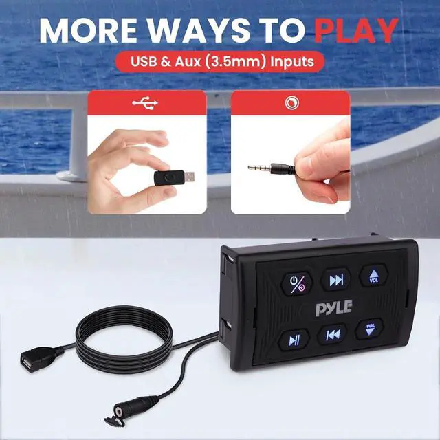 Alt view image 7 of 7 - Marine Bluetooth Receiver and Audio Controller Kit Wireless Bluetooth Adapter for Stereo with IPX6 Mic AUX/USB Input Audio Transmitter and Receiver for Boats UTVs and ATVs 3.8x2.2x1.9