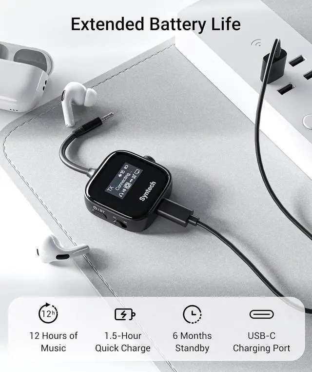 Alt view image 7 of 7 - Airplane Bluetooth 5.4 Transmitter Receiver for 2 AirPods or Wireless Headphones HD Display Low Latency 3.5mm AUX Jack Bluetooth Audio Adapter for Flying TV Car Gym Home Stereo