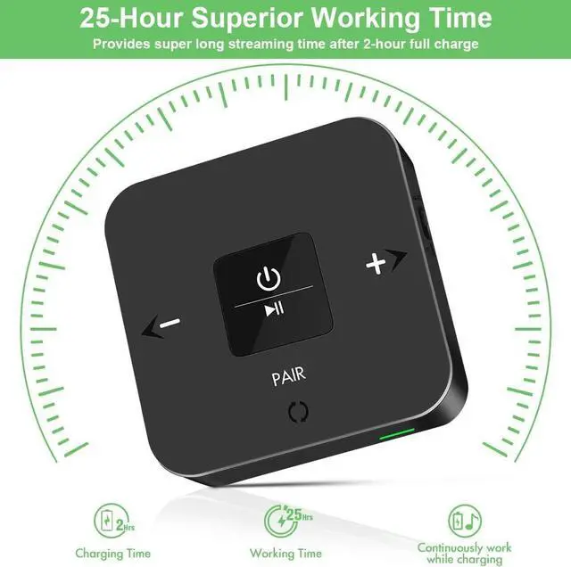 Alt view image 6 of 7 - Bluetooth 5.0 Transmitter Receiver for TV Airplane 2 in 1 Bluetooth Adapter for PC/DVD/MP3/Home Stereo/Speaker/Gym Optical/RCA/AUX Connection 25 Hours Playtime Dual Link Volume Control