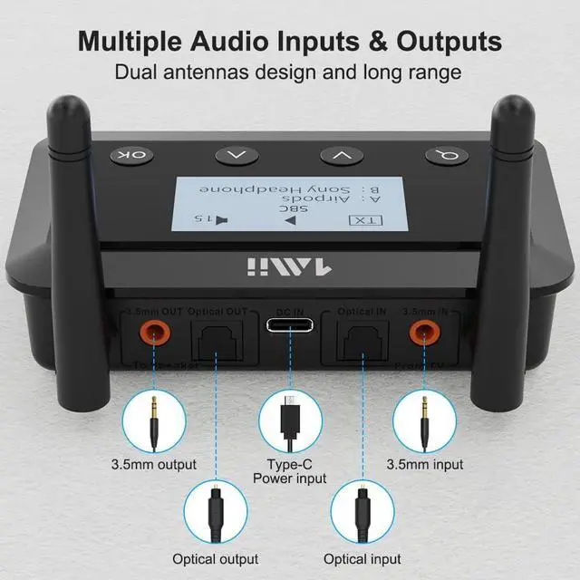 Alt view image 6 of 7 - B03+ Bluetooth Transmitter Receiver for TV Home Stereo Long Range Bluetooth 5.3 Adapter for TV Audio with Screen aptX Low Latency & HD Optical RCA AUX 3.5mm Inputs/Outputs