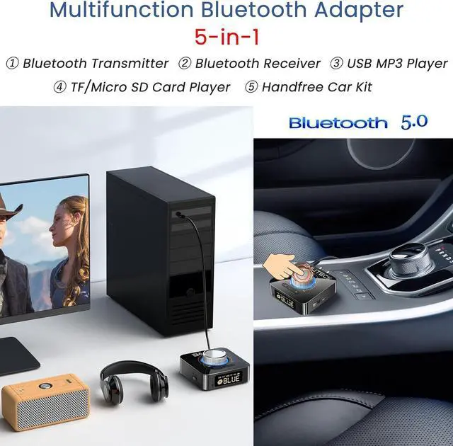 Alt view image 2 of 7 - Bluetooth 5.0 Audio Adapter 5-in-1 Wireless Transmitter Receiver for Car TV CD PC Home Stereo USB to AUX 3.5mm RCA Receiver Micro SD Card MP3 Player Transmitter for Headphones Speaker