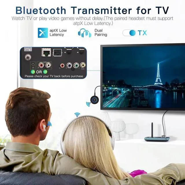 Alt view image 4 of 7 - Bluetooth 5.3 Transmitter for TV/Airplane 2-in-1 Bluetooth Transmitter Receiver for Home Stereo/Speakers/Headphones/PC/Car Wireless Adapter w/3.5mm AUX/RCA Jack Dual Link Low Latency 16H