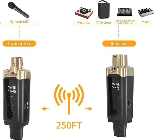 Alt view image 2 of 6 - Wireless XLR Microphone Transmitter and Receiver UHF Wireless Mic System 16 Channels XLR Mic Adapter for Dynamic Microphone Audio Mixer Electric Guitar Bass 250ft Range
