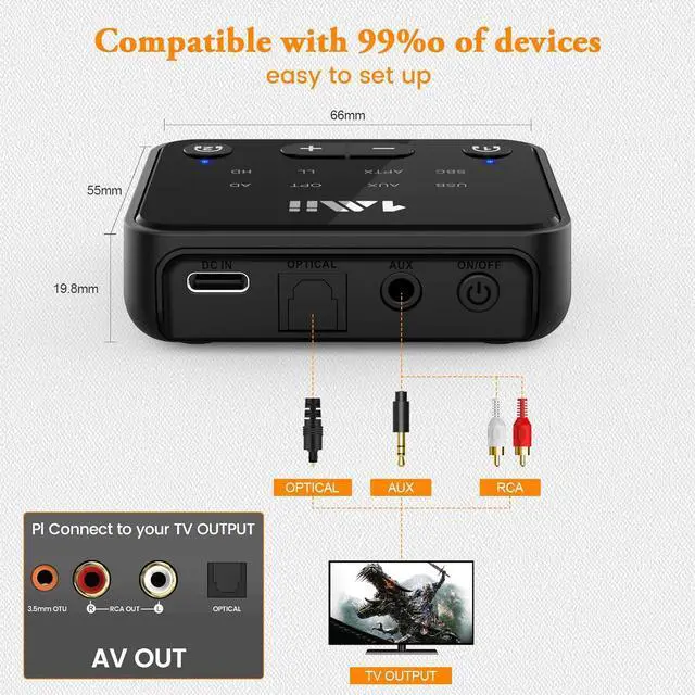Alt view image 6 of 7 - Bluetooth 5.3 Transmitter for TV to 2 Wireless Headphones Long Range 100ft Bluetooth Adapter for TV aptX Low Latency& HD/Volume Control Optical/USB/AUX/RCA Audio Inputs