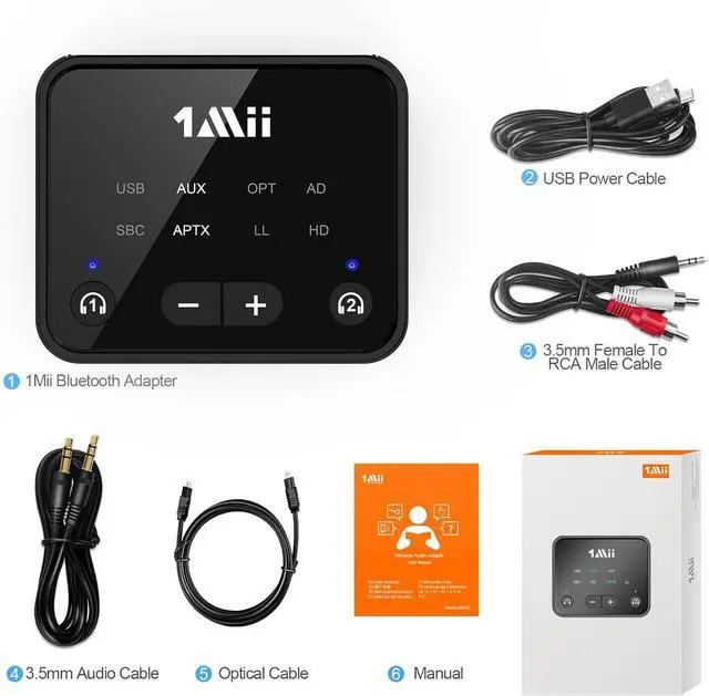 Alt view image 7 of 7 - Bluetooth 5.3 Transmitter for TV to 2 Wireless Headphones Long Range 100ft Bluetooth Adapter for TV aptX Low Latency& HD/Volume Control Optical/USB/AUX/RCA Audio Inputs