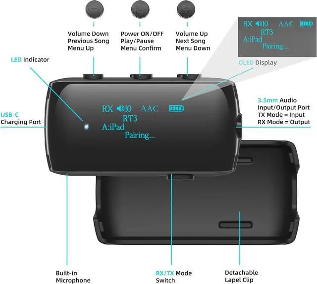 Alt view image 3 of 6 - Bluetooth Transmitter Receiver for 2 AirPods/Headphones Flight Bluetooth 5.2 Adapter for Airplane TV and Gym with a 3.5mm Audio Jack Wireless BT Receiver with Mic for Car/Home Stereo