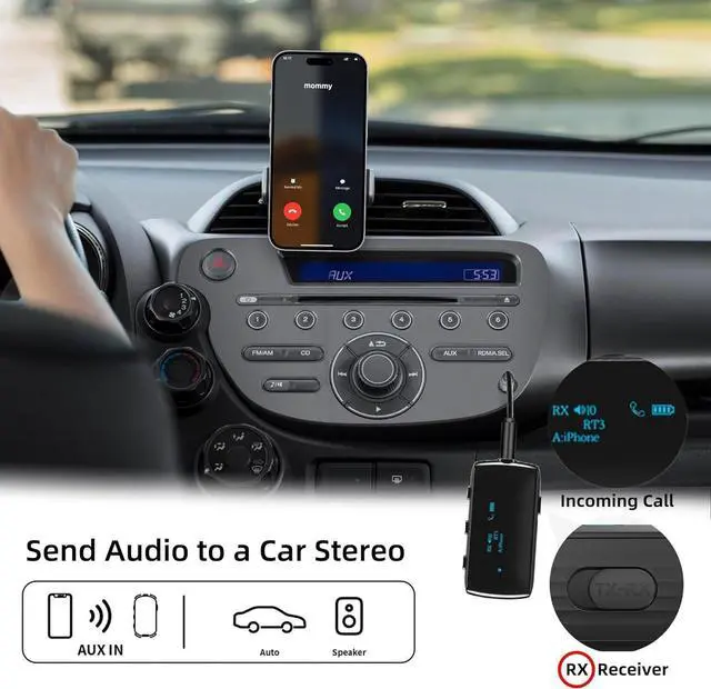 Alt view image 6 of 6 - Bluetooth Transmitter Receiver for 2 AirPods/Headphones Flight Bluetooth 5.2 Adapter for Airplane TV and Gym with a 3.5mm Audio Jack Wireless BT Receiver with Mic for Car/Home Stereo