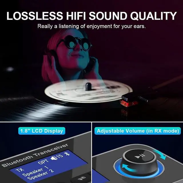 Alt view image 6 of 6 - Bluetooth Transmitter Receiver 3-in-1 Bluetooth 5.0 Audio Adapter for 2 Headphones With Bypass Volume Control Low Latency Long Range LCD Display ON/OFF Optical AUX RCA for TV Home Stereo Speaker