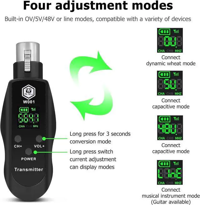 Alt view image 2 of 7 - UHF Wireless XLR Transmitter and Receiver with 48V Power Supply Rechargeable Mic Adapter 16 Channels 196ft Range for Dynamic/Condenser Mics Audio Mixer Electric Guitar Bass PA System
