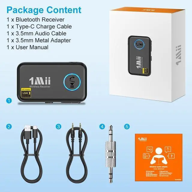 Alt view image 7 of 7 - LDAC Bluetooth Aux Adapter for Car Wireless Bluetooth 5.3 Receiver with Volume Control 8H Battery Life Hands Free Calls Use in Car/Home Stereo/Wired Headphones/Speaker