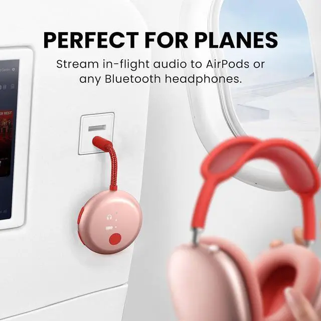 Alt view image 2 of 7 - SoundJet R1  Airplane Bluetooth Adapter for Headphones & AirPods Travel Flight aptX Adaptive 20H Battery Wireless Audio Transmitter with Qualcomm Chipset - Pink