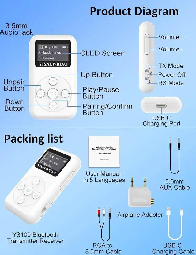 Alt view image 7 of 7 - Bluetooth Transmitter Receiver for TV with OLED Display AptX Low Latency Airplane Bluetooth Adapter for Headphones Airpods RCA 3.5mm Audio Jack Wireless Adapter for TV