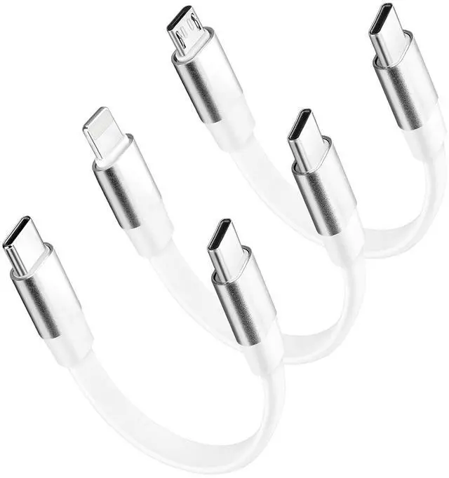 Main image of 3-Mixed Pack Super Short Charging Cables | USB C to Lightning C to Micro USB C to Type C Ultra-Soft Flat Cords Perfect for Charging Station or Handheld Charging with Power Bank and Travel/White