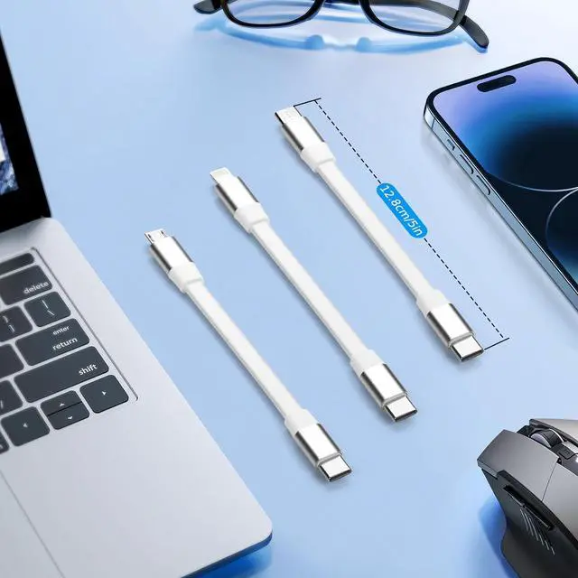 Alt view image 3 of 6 - 3-Mixed Pack Super Short Charging Cables | USB C to Lightning C to Micro USB C to Type C Ultra-Soft Flat Cords Perfect for Charging Station or Handheld Charging with Power Bank and Travel/White