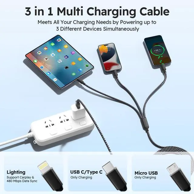 Alt view image 3 of 6 - Multi Charging Cable (5FT 2Pack) 3 in 1 Charging Cable USB A/C Charging Cords Nylon Braided Chargers for Multiple Devices with Type C Micro USB IP Port for iPhone16/15 Series/Cell Phones and More