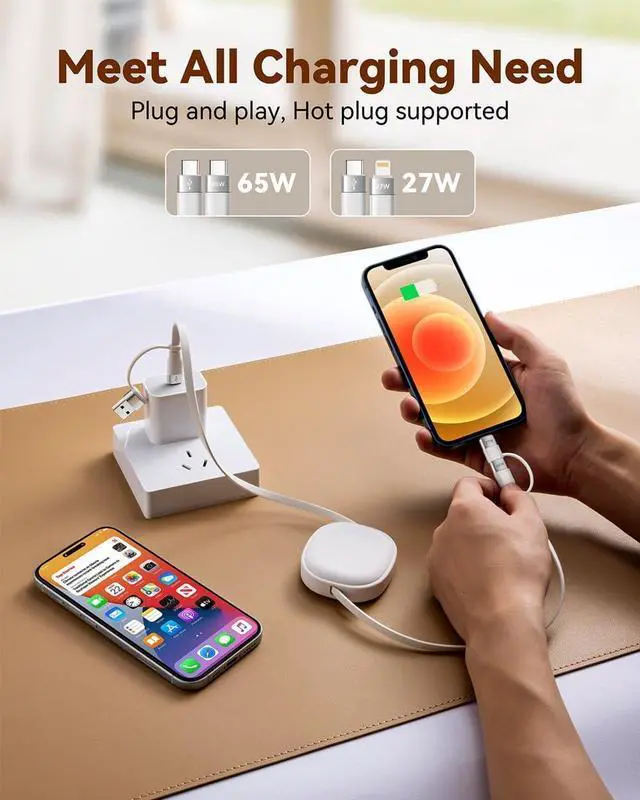 Alt view image 4 of 7 - 5 in 1 Retractable Charging Cable 65W Multi Charger USB Type C Charger Cable Fast Charging Cord USBC to USB C/Lightning for iPhone 16 15 14 13 Pro Max iPad  PS5 Tablets & More-3.86ft