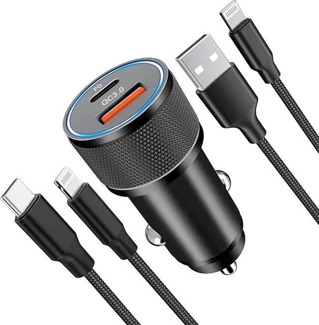 Main image of iPhone Fast Car Charger and Carplay Cable 38W Dual Port USB A and USB C Car Charger Adapter with 2Pack 3.3ft Fast Charging Type C to Lightning Cable for 14 13 12 11 XS XR X 8 7 6 5 SE iPad