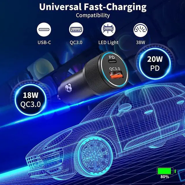 Alt view image 2 of 7 - iPhone Fast Car Charger and Carplay Cable 38W Dual Port USB A and USB C Car Charger Adapter with 2Pack 3.3ft Fast Charging Type C to Lightning Cable for 14 13 12 11 XS XR X 8 7 6 5 SE iPad