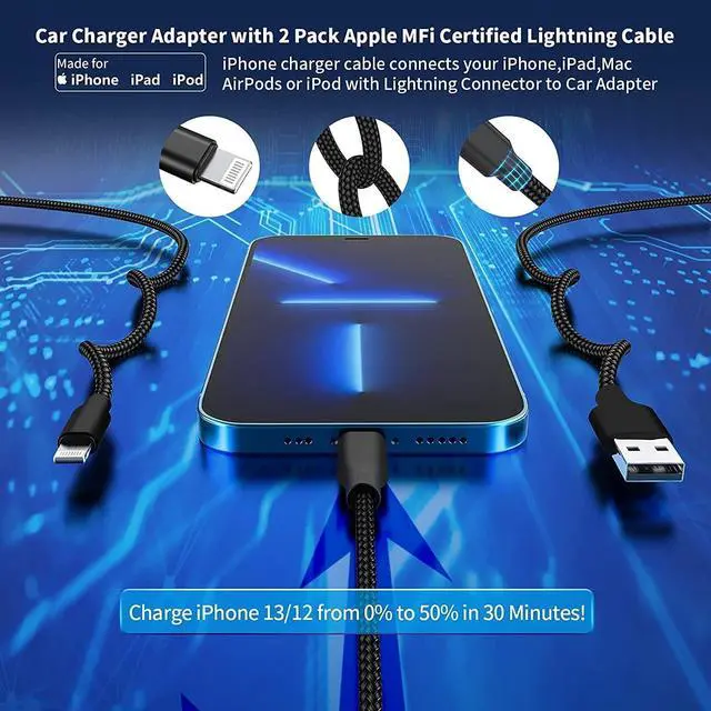 Alt view image 6 of 7 - iPhone Fast Car Charger and Carplay Cable 38W Dual Port USB A and USB C Car Charger Adapter with 2Pack 3.3ft Fast Charging Type C to Lightning Cable for 14 13 12 11 XS XR X 8 7 6 5 SE iPad