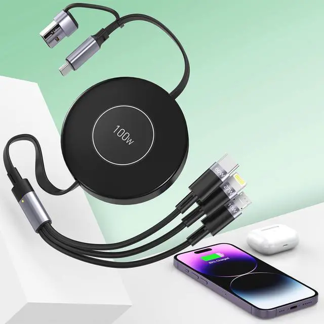 Main image of 100W USB C Retractable Multi 5-in-1 USB A/Type C to Lightning+US B C+Micro iPhone Charging Cable 4FT PD 5A Fast Multiple Charger Cord for iPhone 15 14 13 12/ S23/iPad Pro/MacBook/Tablet