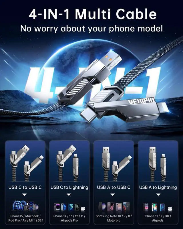 Alt view image 2 of 6 - [Upgraded] Vexipia 4-in-1 Long USB C Cable 45W 10FT Lightning Cable Fast Charging Flat Nylon Braided for iPhone iPad Charger Cord[480Mbps Data Sync] Multi Charge Combo with Lightning/Type C/USB A Port