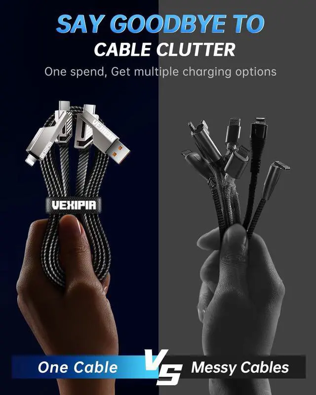 Alt view image 3 of 6 - [Upgraded] Vexipia 4-in-1 Long USB C Cable 45W 10FT Lightning Cable Fast Charging Flat Nylon Braided for iPhone iPad Charger Cord[480Mbps Data Sync] Multi Charge Combo with Lightning/Type C/USB A Port