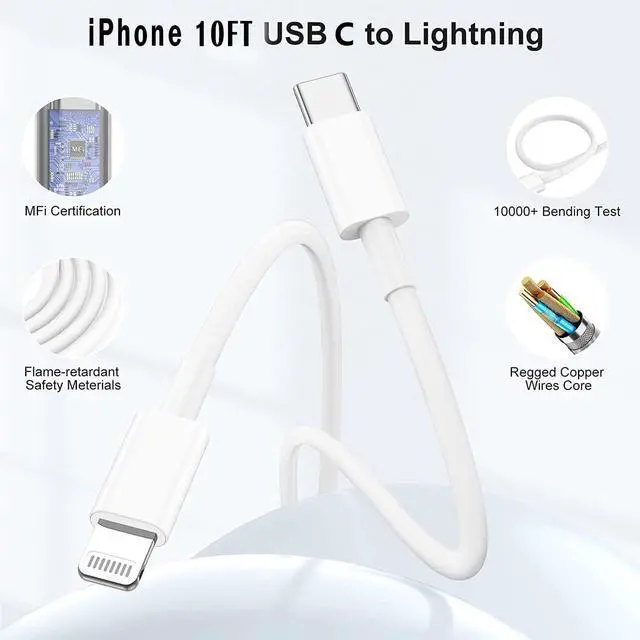 Alt view image 4 of 7 - 10ft iPhone 14 13 12 11 Fast Charger Cable [  Certified ] Long USB C to Lightning Cable 10 Feet Type C  Charging Cord 10 Foot for iPhone 14 Pro Max/13 Pro/12/12 Mini/11/XS/XR/8 Plus/7/6/5