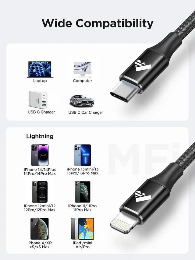 Alt view image 3 of 7 - USB C to Lightning Cable 6ft 2Pack Power Delivery USB C iPhone Cables MFi Certified Braided Type C iPhone Charger Cord Fast Charging for iPhone 14 13 12 11 Pro Max X XS XR 8 7 6s Plus SE iPad (Black)