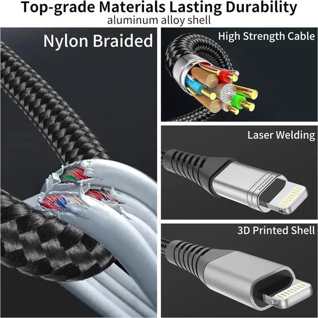 Alt view image 3 of 7 - 2ft USB C to Lightning Cable 3 Pack Braided 2 Foot USB C iPhone Charger Cord MFi Certified 2 ft iPhone Lightning Cable PD Fast Charging for iPhone 14 13 12 11 Pro Max Xs Plus iPad Air Mini Black